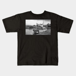 Traditional Broads boat moored to a wooden quay heading Kids T-Shirt